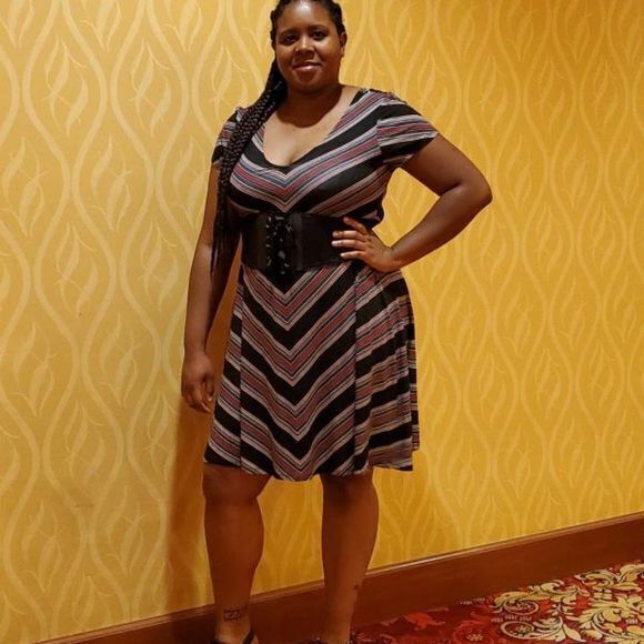 TORRID BLACK STRIPE JERSEY‎ KNIT STRIPED SWING DRESS MIDI WOMENS SIZE 2 2… - Picture 2 of 9